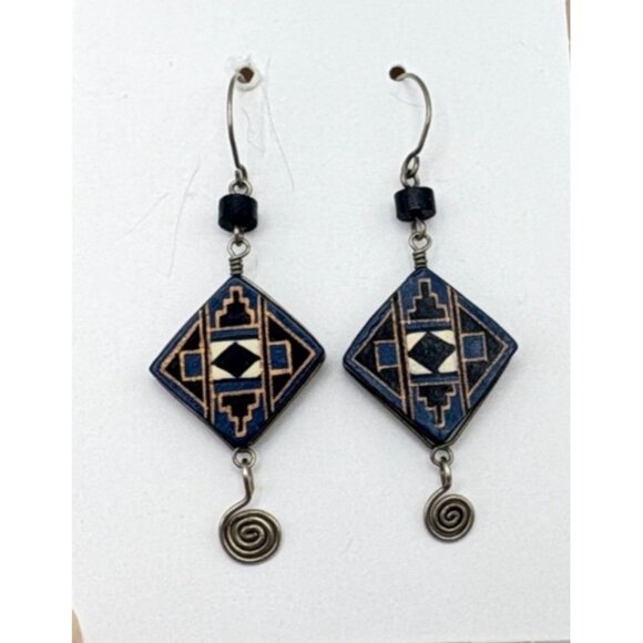 Vintage Aztec Dangle Earrings Geometric Tribal-Inspired Silver Tone Spiral - Picture 5 of 6